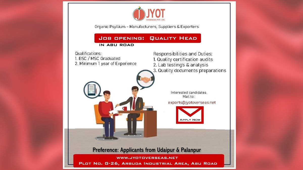 JOB VACANCY @ JYOT OVERSEAS PVT LTD, ABU ROAD [Apply Now]