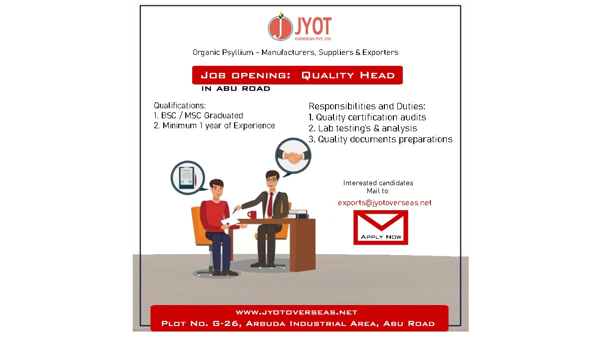 'Job Vacancy' at JYOT OVERSEAS PVT LTD, Abu road: Apply Now